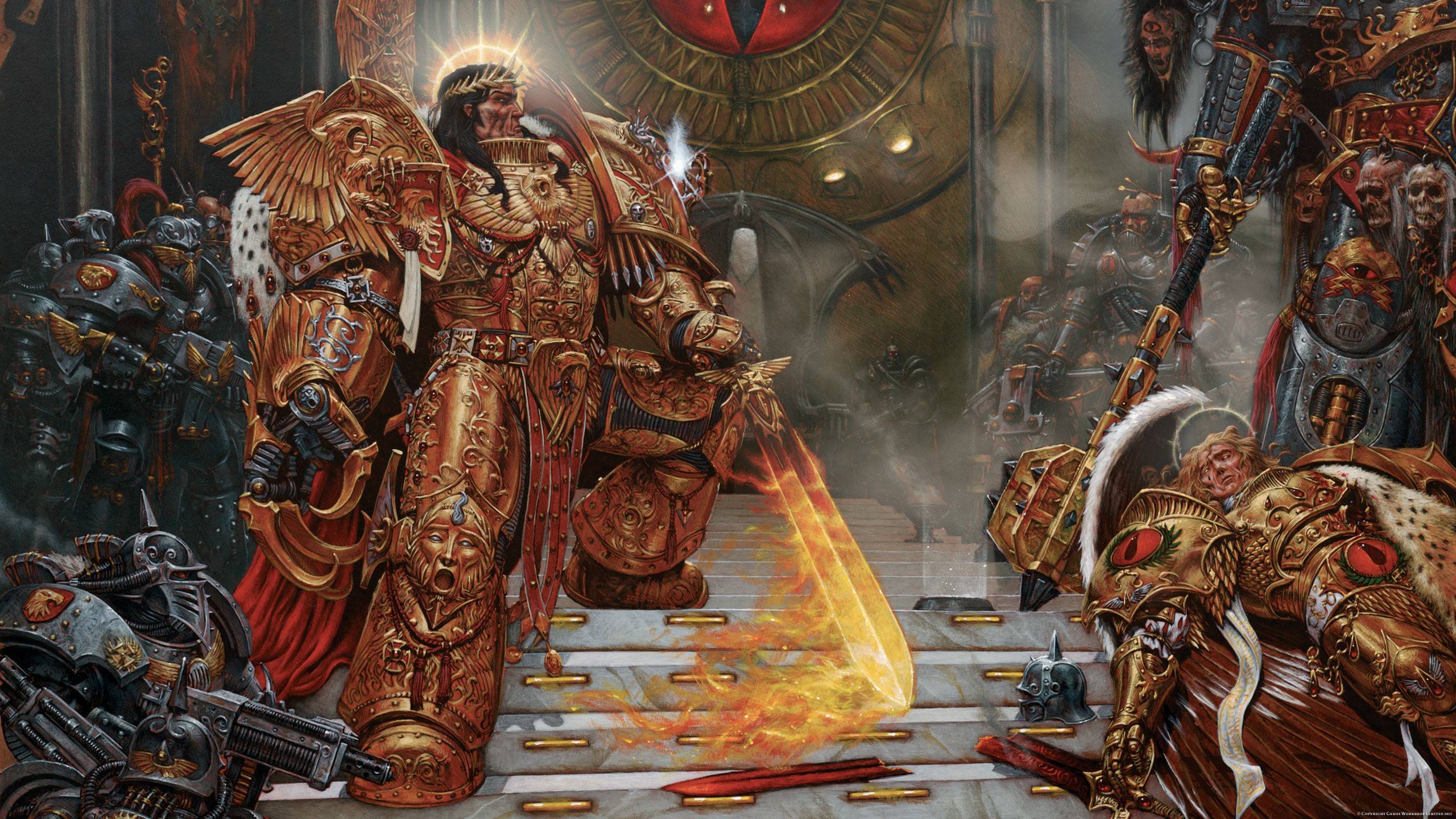 L'Imperatore dell'Umanità di warhammer 40k in armatura dorata con la sua spada fiammeggiante ed aureola, circondato dai suoi guerrieri, eretto ed orgoglioso fronteggia Horus che ha abbattuto il suo figlio prediletto che versa sanguinante ai suoi piedi, anche lui in armatura dorata.