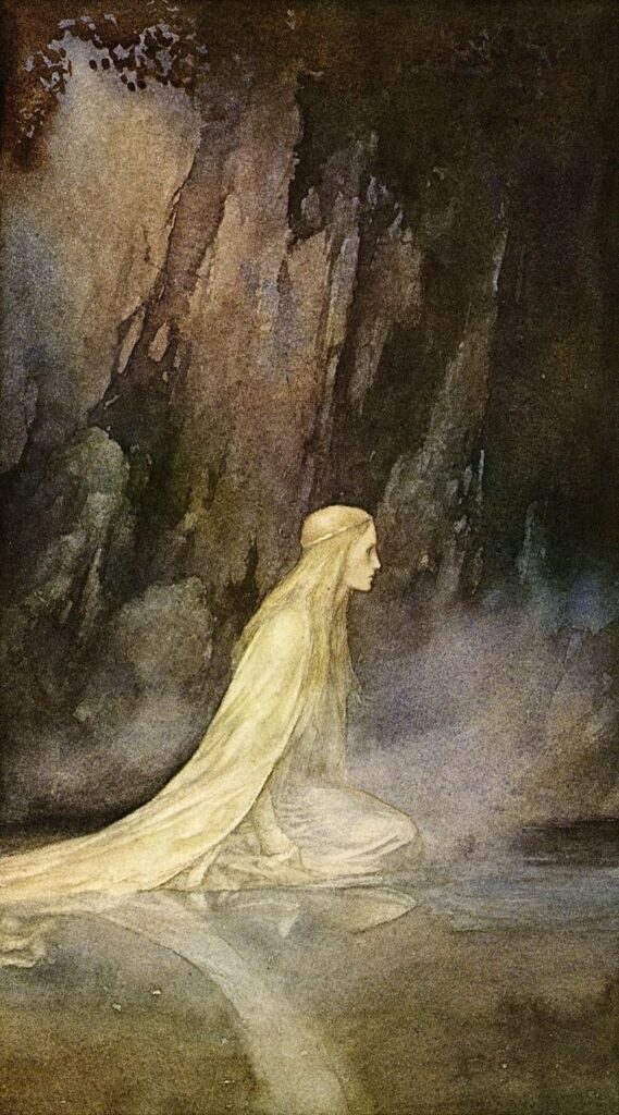 La Dama del Lago, che dona ad Artù la spada Excalibur, illustrata da Alan Lee